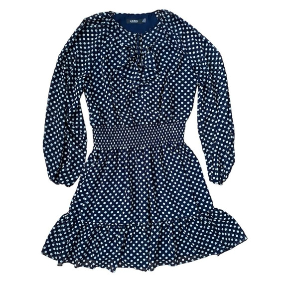 Lauren Ralph Lauren, Navy Polka Dot Isidra Dress, Size 12 - Picture 7 of 13